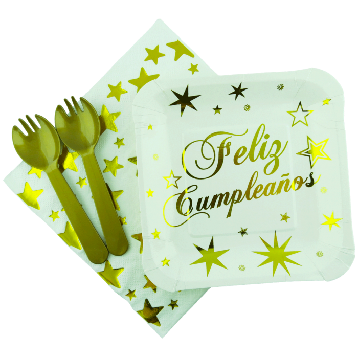 Kit Platos - Servilletas - Cubiertos Feliz Cumpleaños Dorado Estrellas