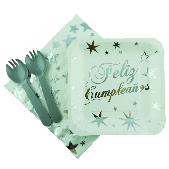 Kit Platos - Servilletas - Cubiertos Feliz Cumpleaños Plata Estrellas